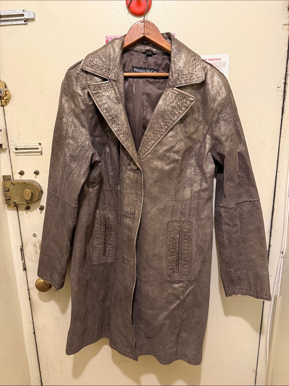 Pamela McCoy Metallic Taupe Leather Trench Coat with Subtle Sheen